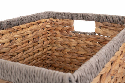 LARGE WATER HYACINTH RECTANGULAR STORAGE BASKET with GREY ROPE BORDER