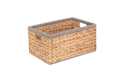 MEDIUM WATER HYACINTH RECTANGULAR STORAGE BASKET with GREY ROPE BORDER