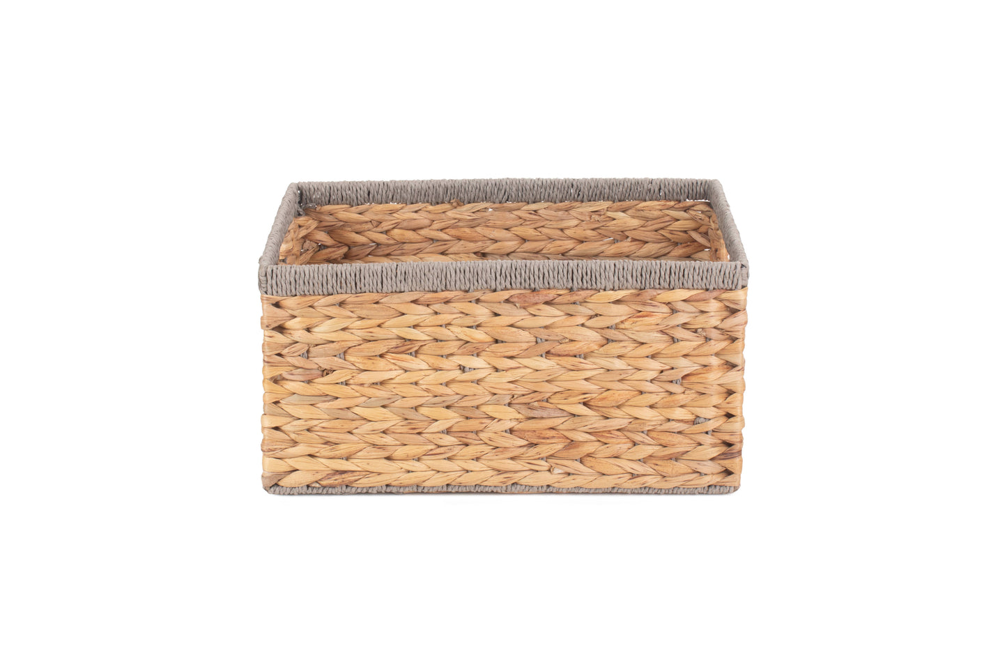 MEDIUM WATER HYACINTH RECTANGULAR STORAGE BASKET with GREY ROPE BORDER