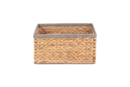 MEDIUM WATER HYACINTH RECTANGULAR STORAGE BASKET with GREY ROPE BORDER