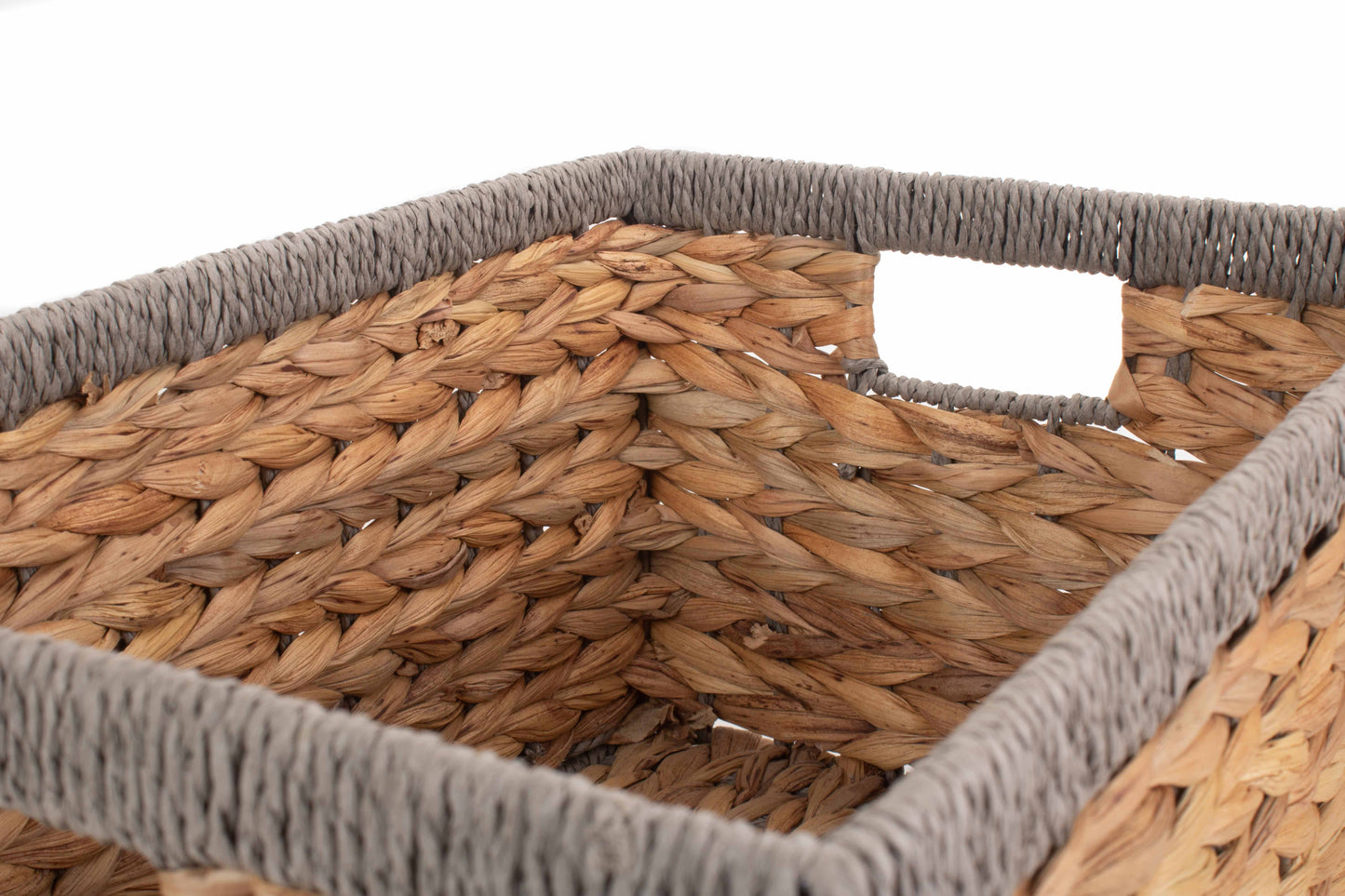 MEDIUM WATER HYACINTH RECTANGULAR STORAGE BASKET with GREY ROPE BORDER