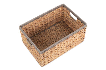 MEDIUM WATER HYACINTH RECTANGULAR STORAGE BASKET with GREY ROPE BORDER