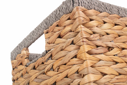 MEDIUM WATER HYACINTH RECTANGULAR STORAGE BASKET with GREY ROPE BORDER