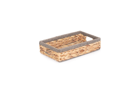 SMALL SHALLOW RECTANGULAR WATER HYACINTH STORAGE BASKET with GREY ROPE BORDER