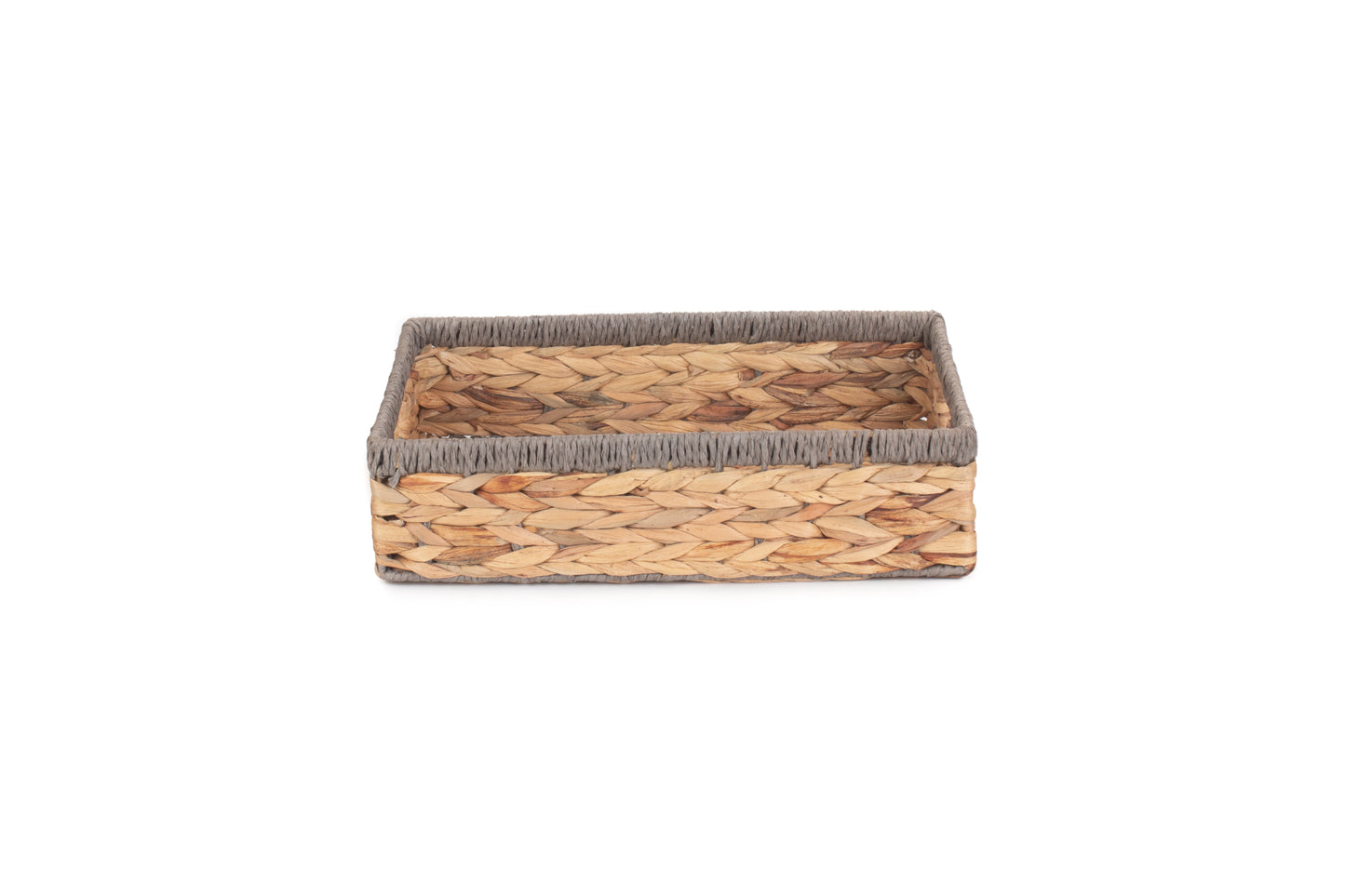 MEDIUM SHALLOW RECTANGULAR WATER HYACINTH STORAGE BASKET with GREY ROPE BORDER
