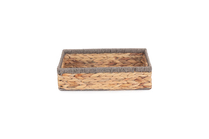 MEDIUM SHALLOW RECTANGULAR WATER HYACINTH STORAGE BASKET with GREY ROPE BORDER