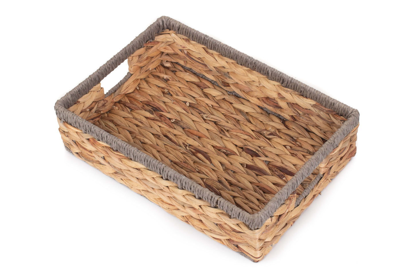 MEDIUM SHALLOW RECTANGULAR WATER HYACINTH STORAGE BASKET with GREY ROPE BORDER