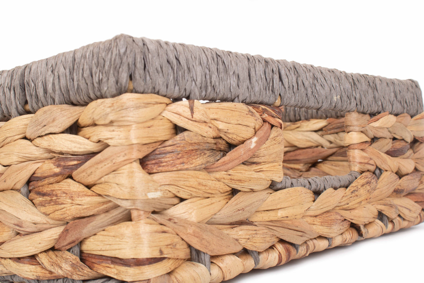 MEDIUM SHALLOW RECTANGULAR WATER HYACINTH STORAGE BASKET with GREY ROPE BORDER