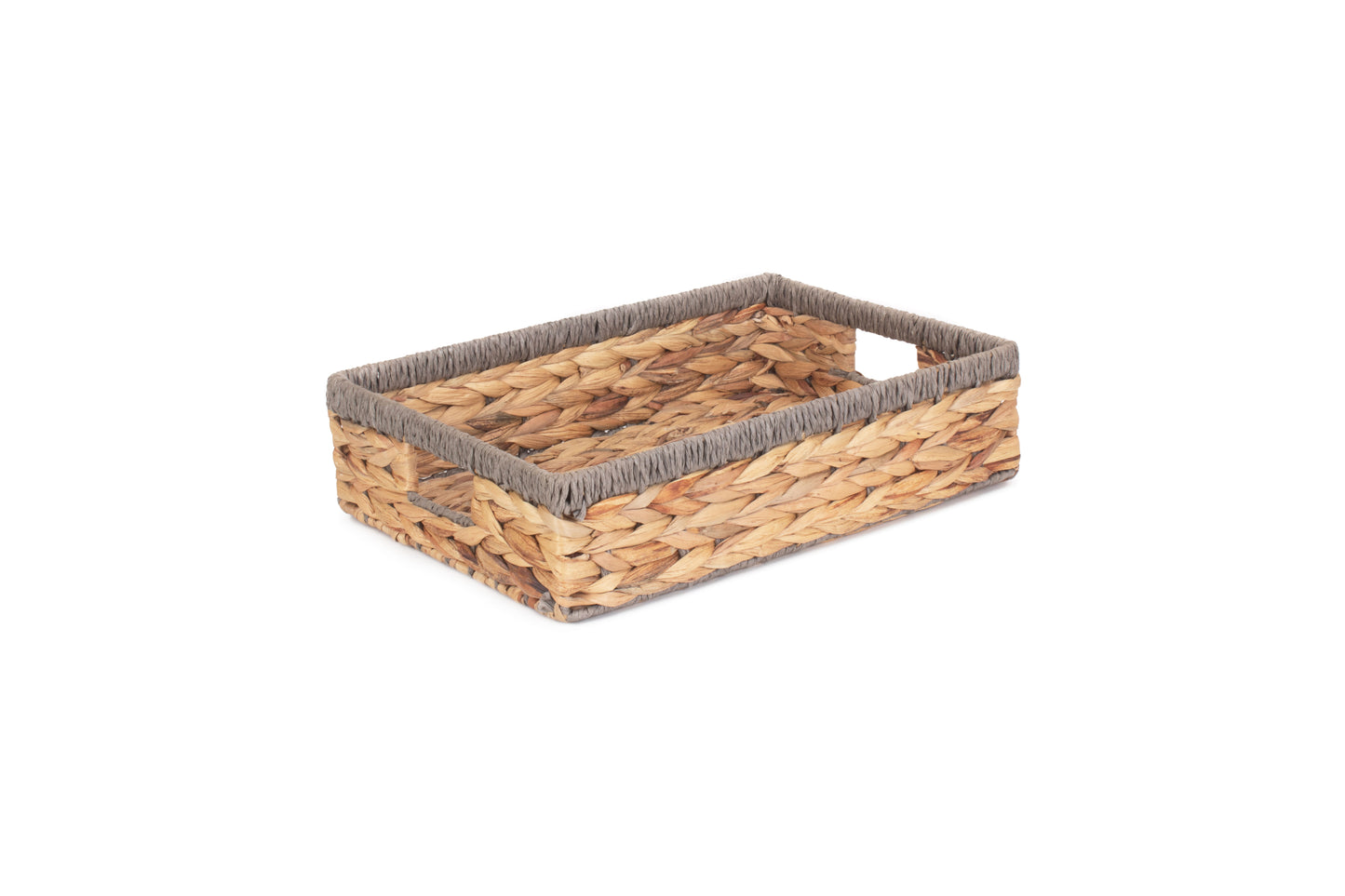 MEDIUM SHALLOW RECTANGULAR WATER HYACINTH STORAGE BASKET with GREY ROPE BORDER