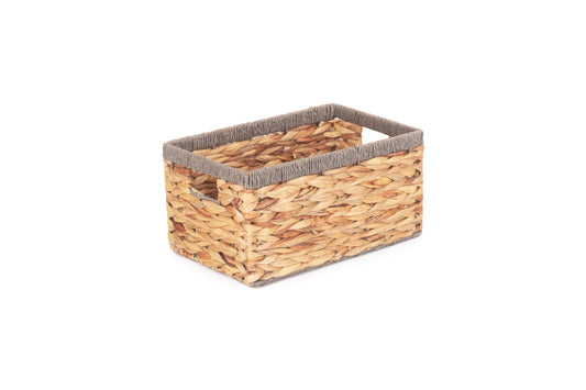 SMALL WATER HYACINTH RECTANGULAR STORAGE BASKET with GREY ROPE BORDER