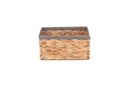 SMALL WATER HYACINTH RECTANGULAR STORAGE BASKET with GREY ROPE BORDER