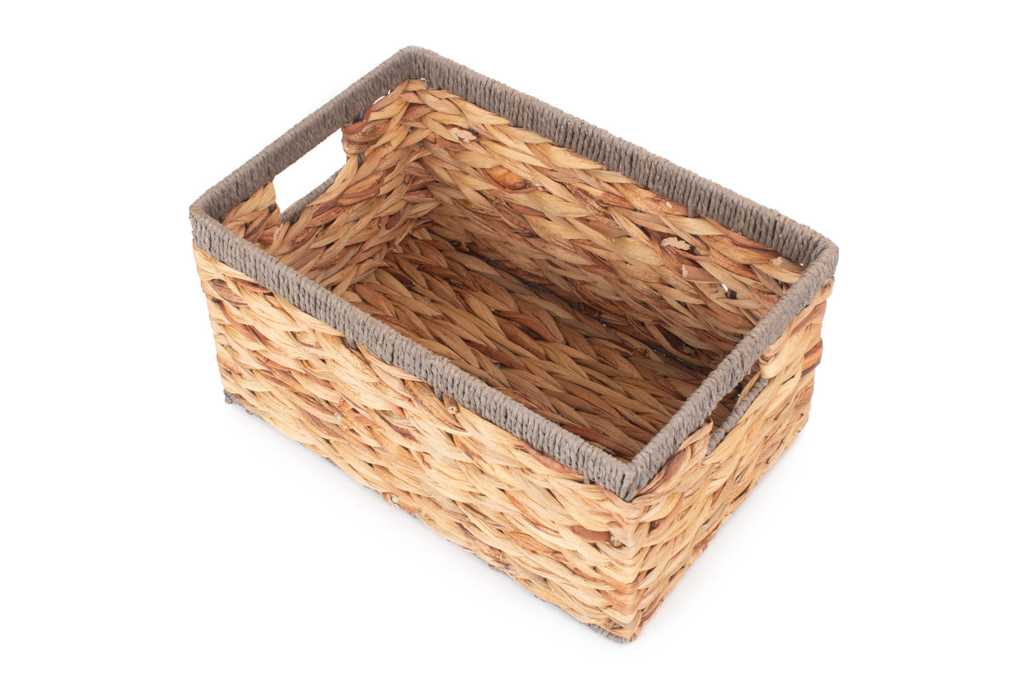 SMALL WATER HYACINTH RECTANGULAR STORAGE BASKET with GREY ROPE BORDER