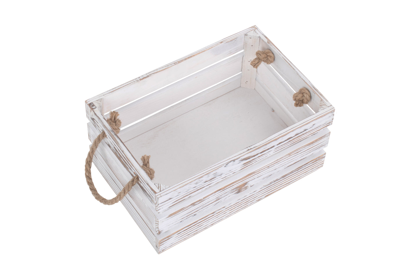 SMALL DISTRESSED WHITE ROPE HANDLED CRATE