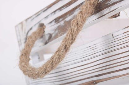 SMALL DISTRESSED WHITE ROPE HANDLED CRATE