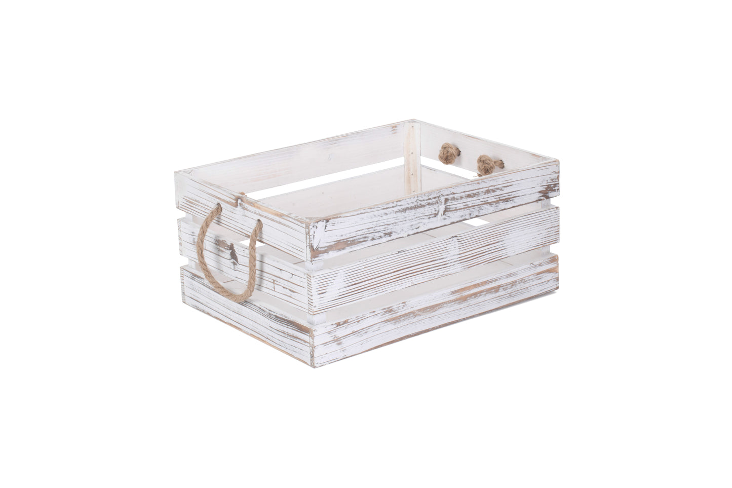 LARGE DISTRESSED WHITE ROPE HANDLED CRATE