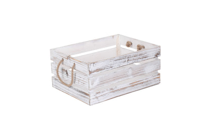LARGE DISTRESSED WHITE ROPE HANDLED CRATE