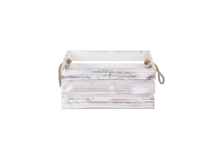 LARGE DISTRESSED WHITE ROPE HANDLED CRATE