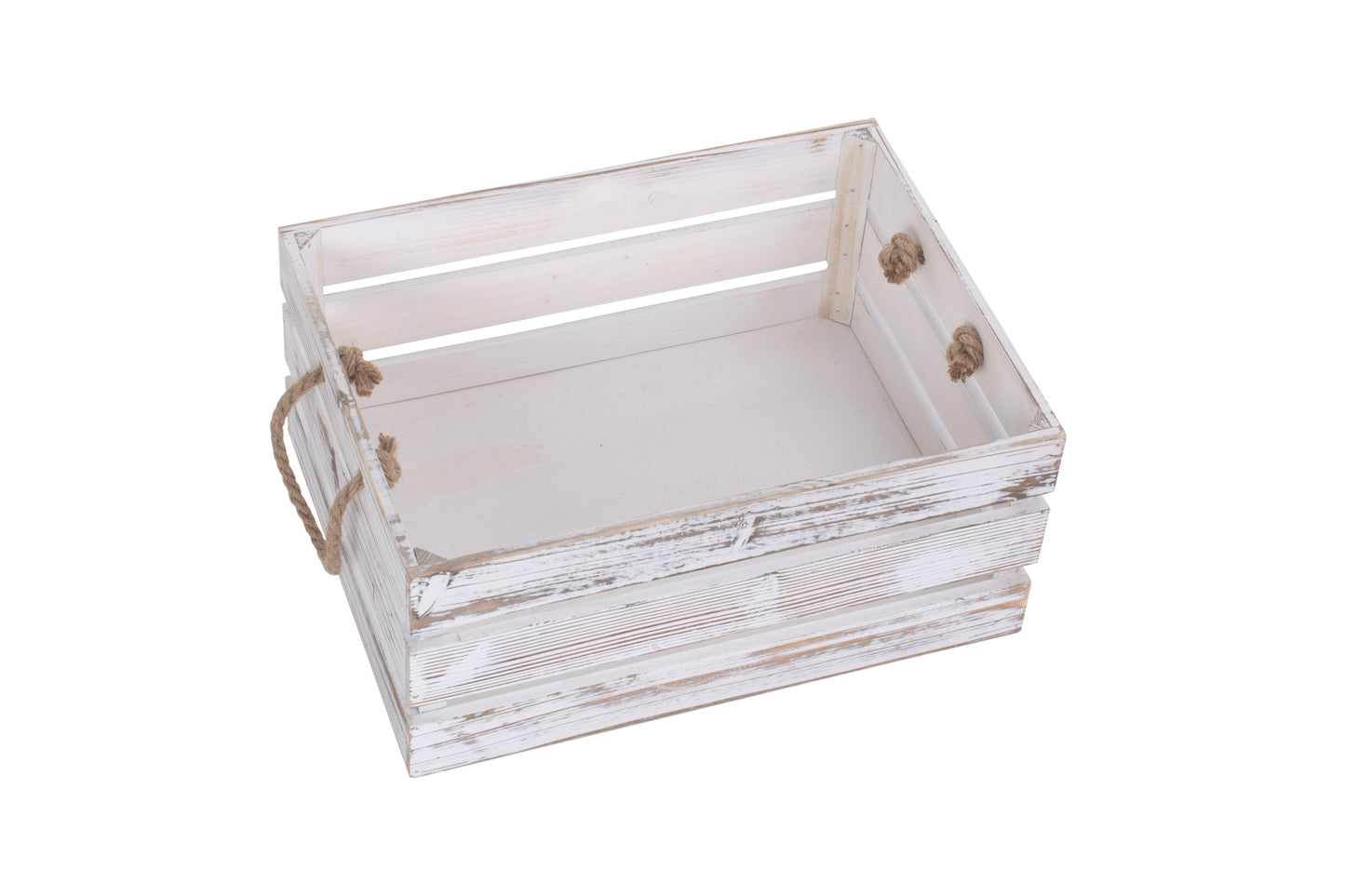 LARGE DISTRESSED WHITE ROPE HANDLED CRATE