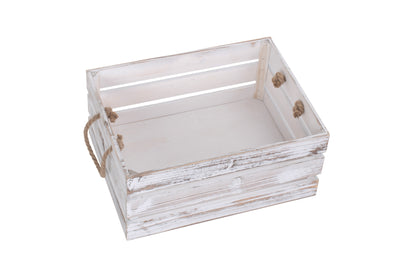 LARGE DISTRESSED WHITE ROPE HANDLED CRATE