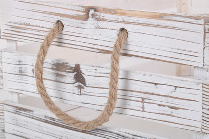 LARGE DISTRESSED WHITE ROPE HANDLED CRATE