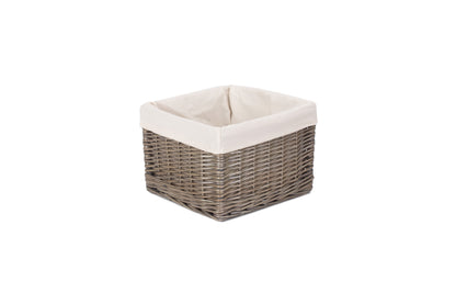 SMALL SQUARE ANTIQUE WASH LINED STORAGE BASKET