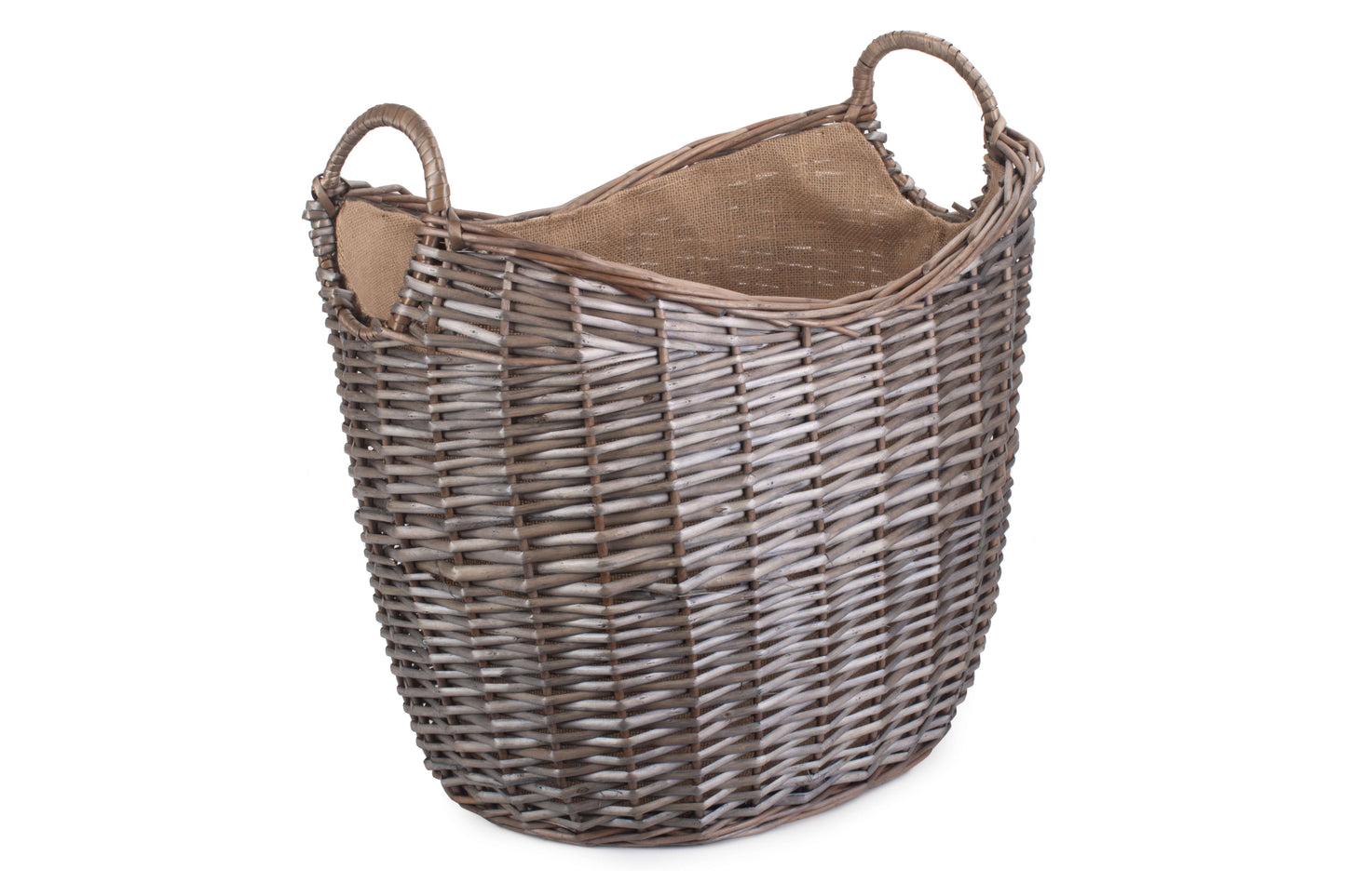 LARGE SCOOP NECK ANTIQUE WASH HESSIAN LINED BASKET