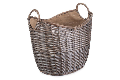 LARGE SCOOP NECK ANTIQUE WASH HESSIAN LINED BASKET