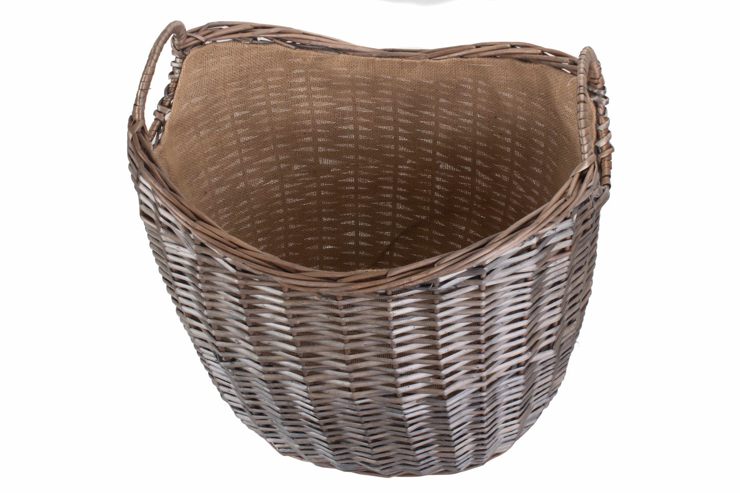 LARGE SCOOP NECK ANTIQUE WASH HESSIAN LINED BASKET