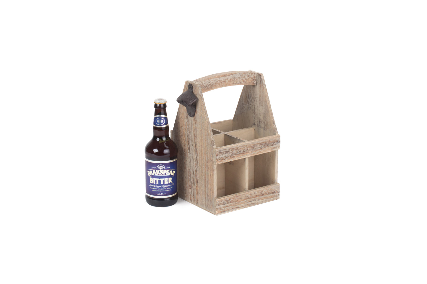 OAK EFFECT 4 BEER BOTTLE CARRIER with BOTTLE OPENER