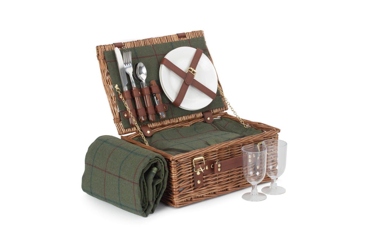 2 PERSON GREEN TWEED CLASSIC PICNIC HAMPER