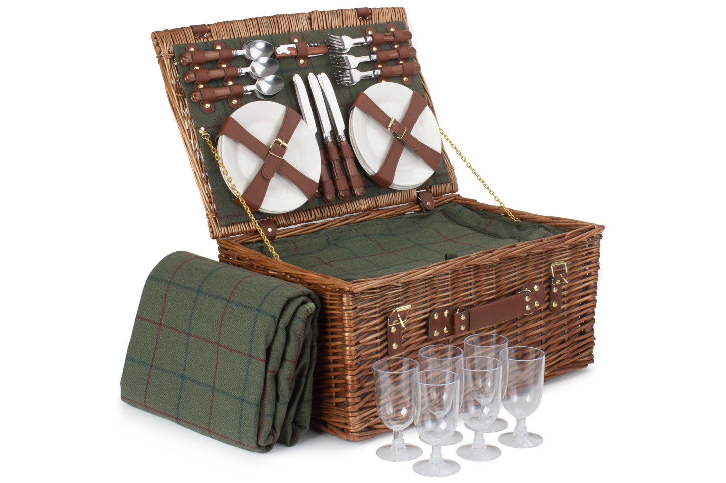 6 PERSON GREEN TWEED CLASSIC PICNIC HAMPER