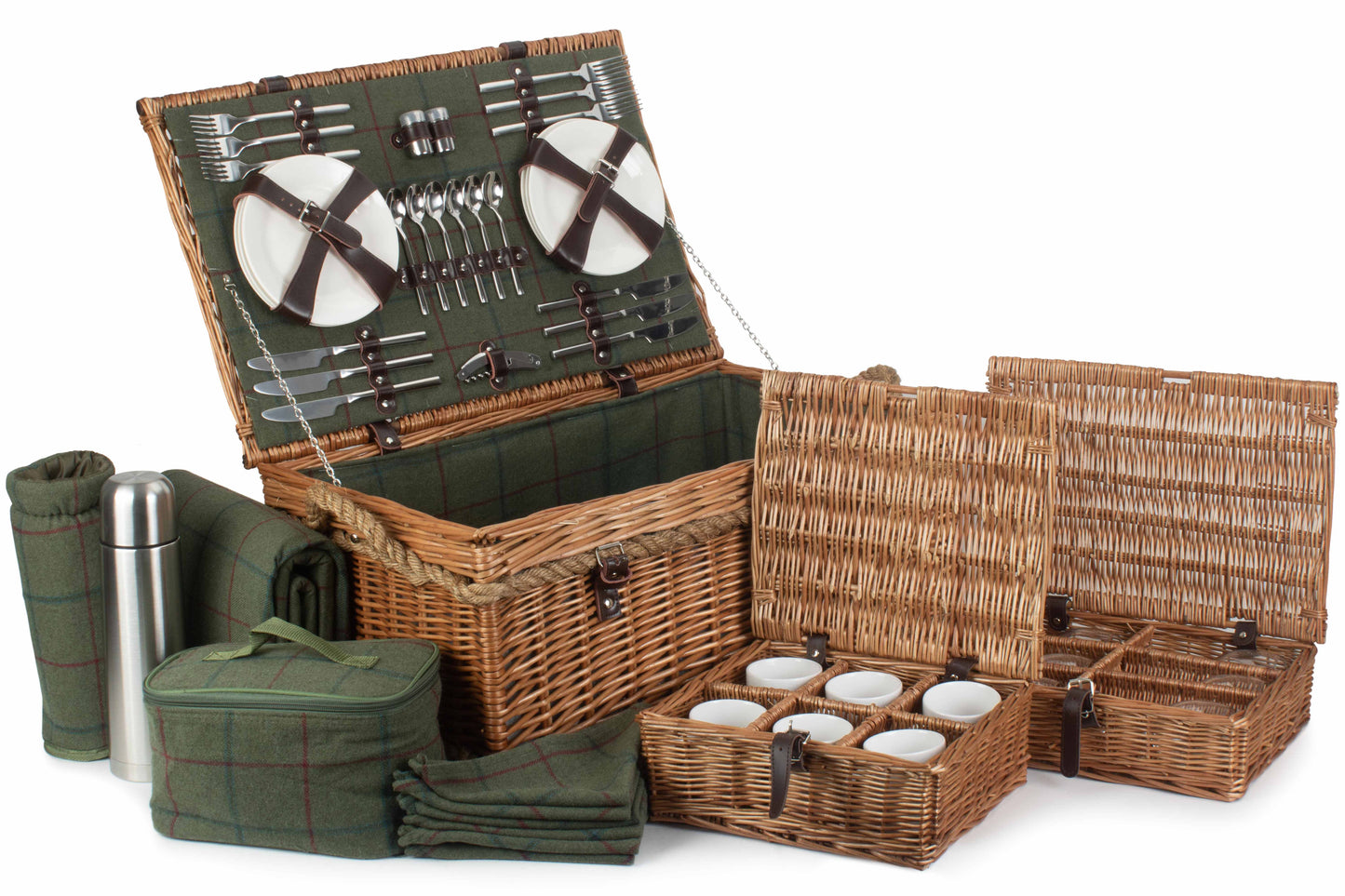 ROPE HANDLED GREEN TWEED 6 PERSON HAMPER