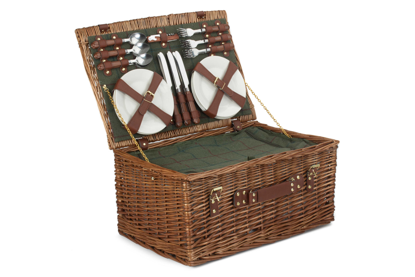 6 PERSON GREEN TWEED CLASSIC PICNIC HAMPER