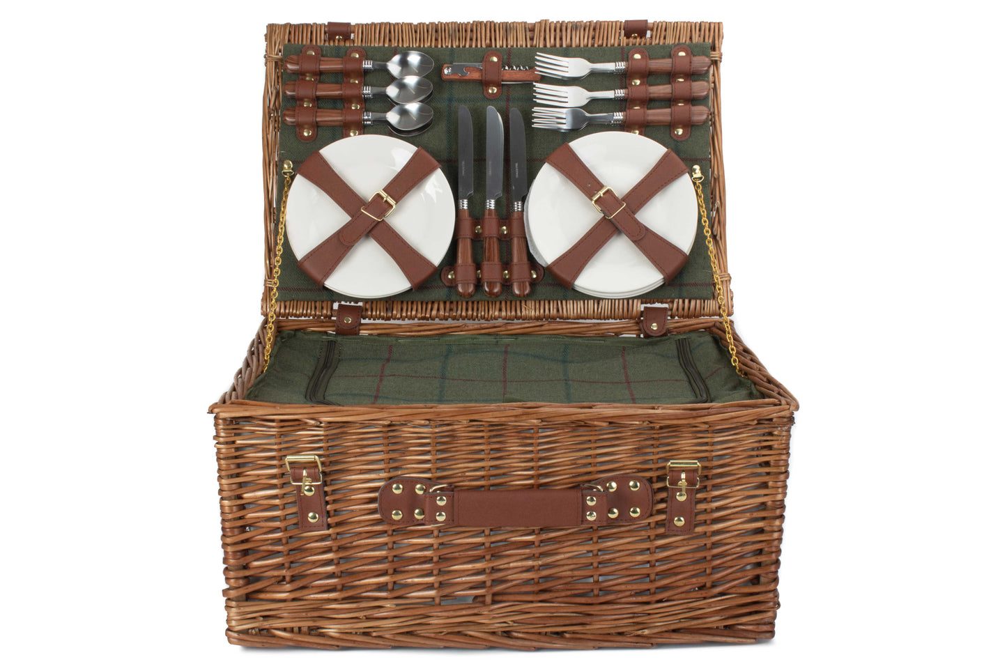 6 PERSON GREEN TWEED CLASSIC PICNIC HAMPER
