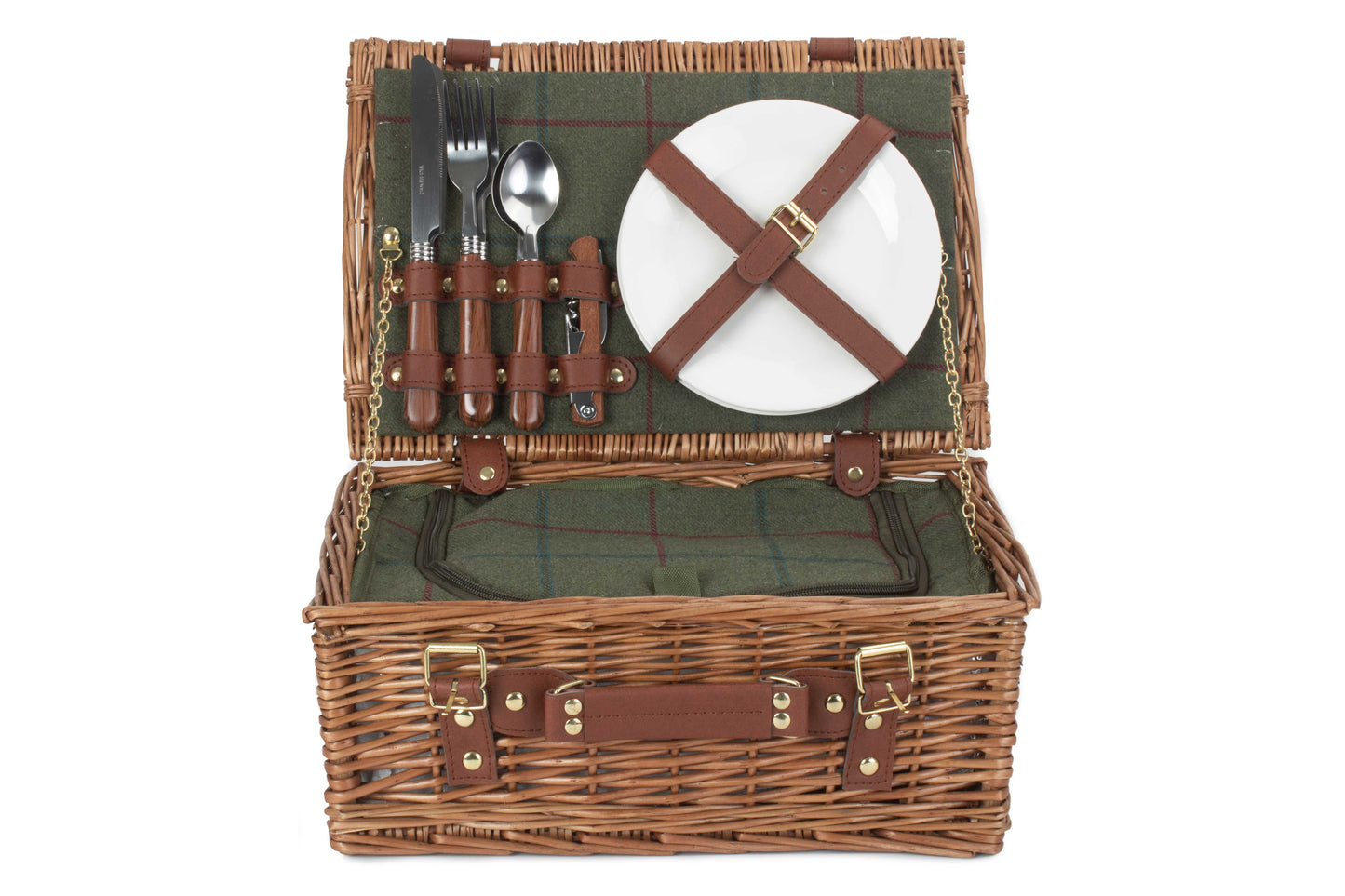 2 PERSON GREEN TWEED CLASSIC PICNIC HAMPER