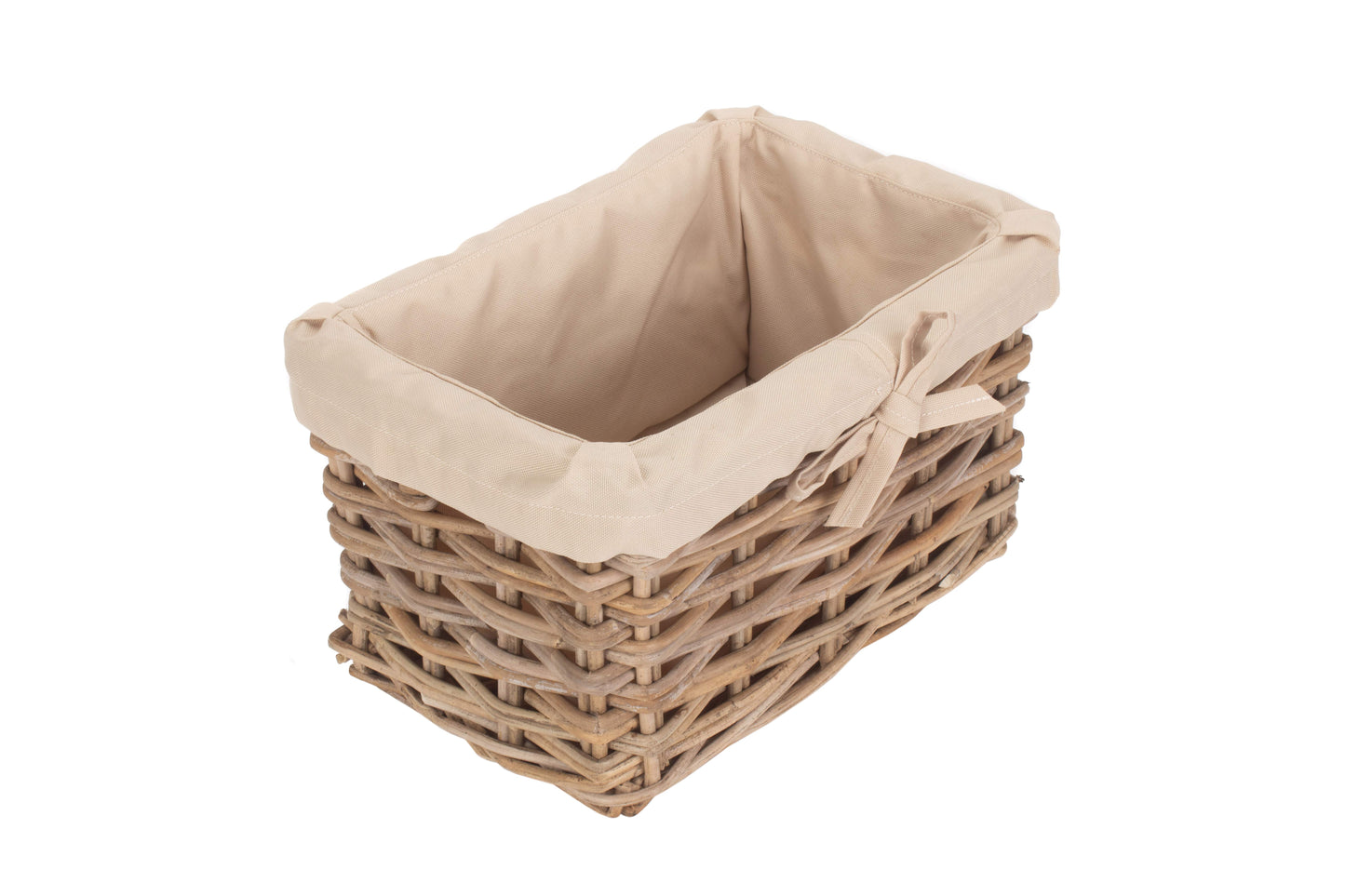 SMALL RECTANGULAR CORDURA LINED GREY RATTAN STORAGE BASKET