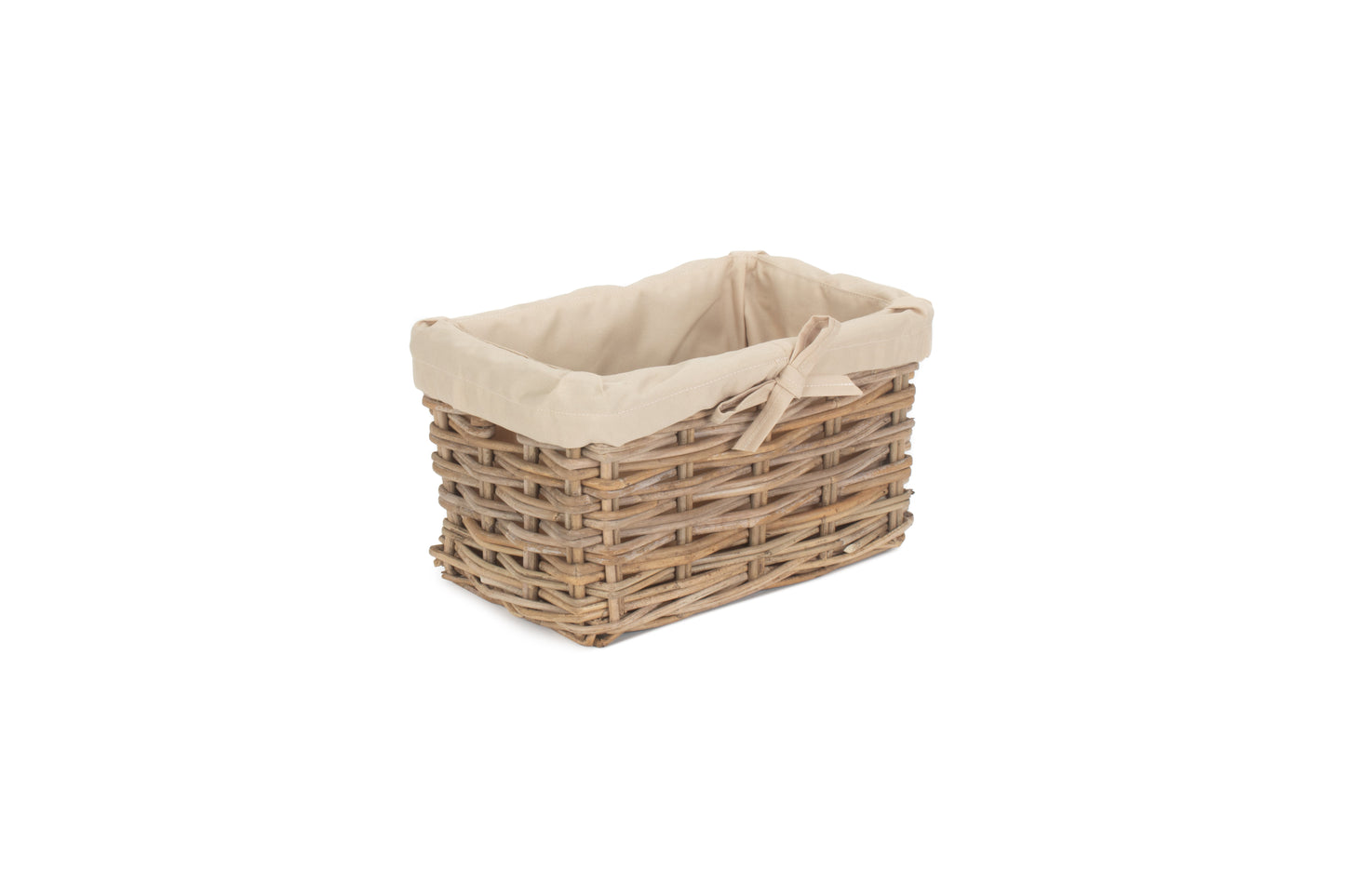 SMALL RECTANGULAR CORDURA LINED GREY RATTAN STORAGE BASKET
