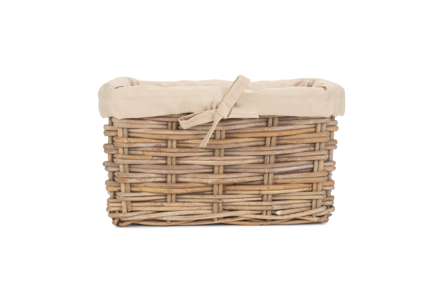 SMALL RECTANGULAR CORDURA LINED GREY RATTAN STORAGE BASKET