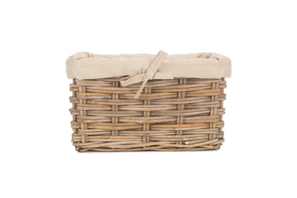 SMALL RECTANGULAR CORDURA LINED GREY RATTAN STORAGE BASKET