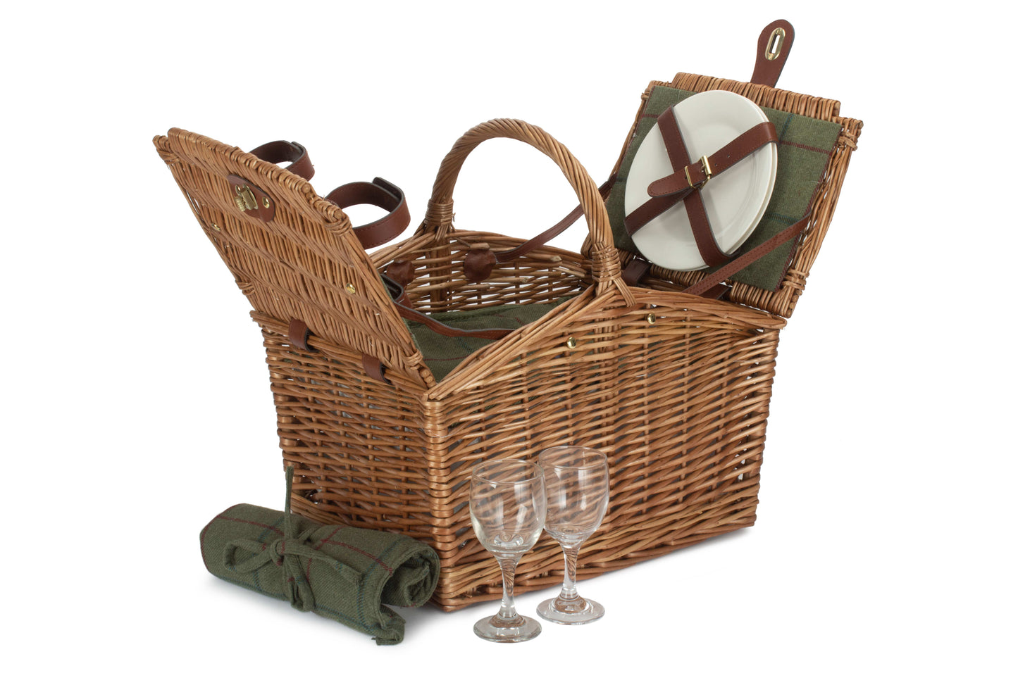 2 PERSON GREEN TWEED DOUBLE LIDDED HAMPER