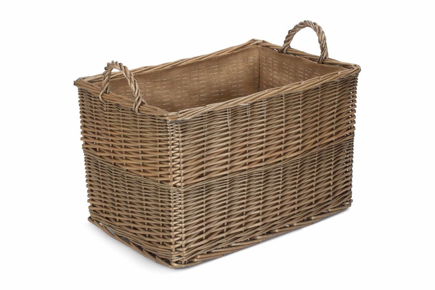 LARGE ANTIQUE WASH RECTANGULAR HESSIAN LINED BASKET