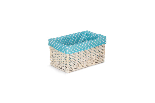 SMALL WHITE WASH STORAGE BASKET with BLUE SPOTTY LINING