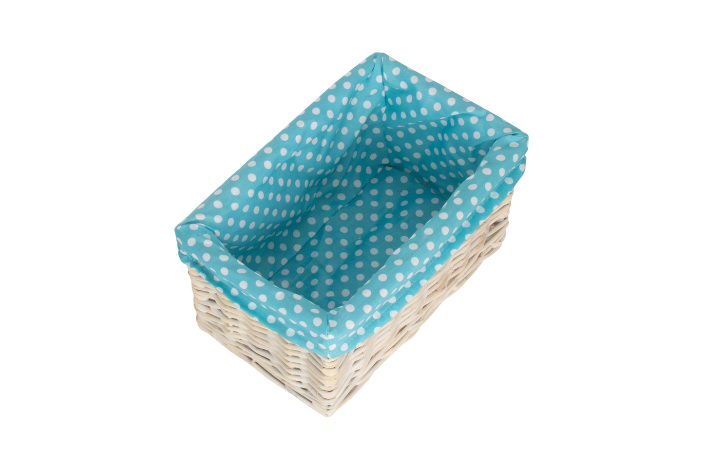 SMALL WHITE WASH STORAGE BASKET with BLUE SPOTTY LINING
