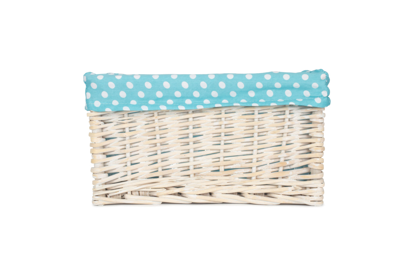 SMALL WHITE WASH STORAGE BASKET with BLUE SPOTTY LINING