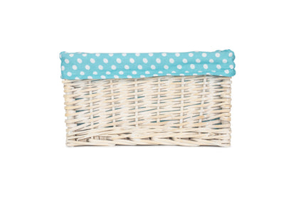 SMALL WHITE WASH STORAGE BASKET with BLUE SPOTTY LINING