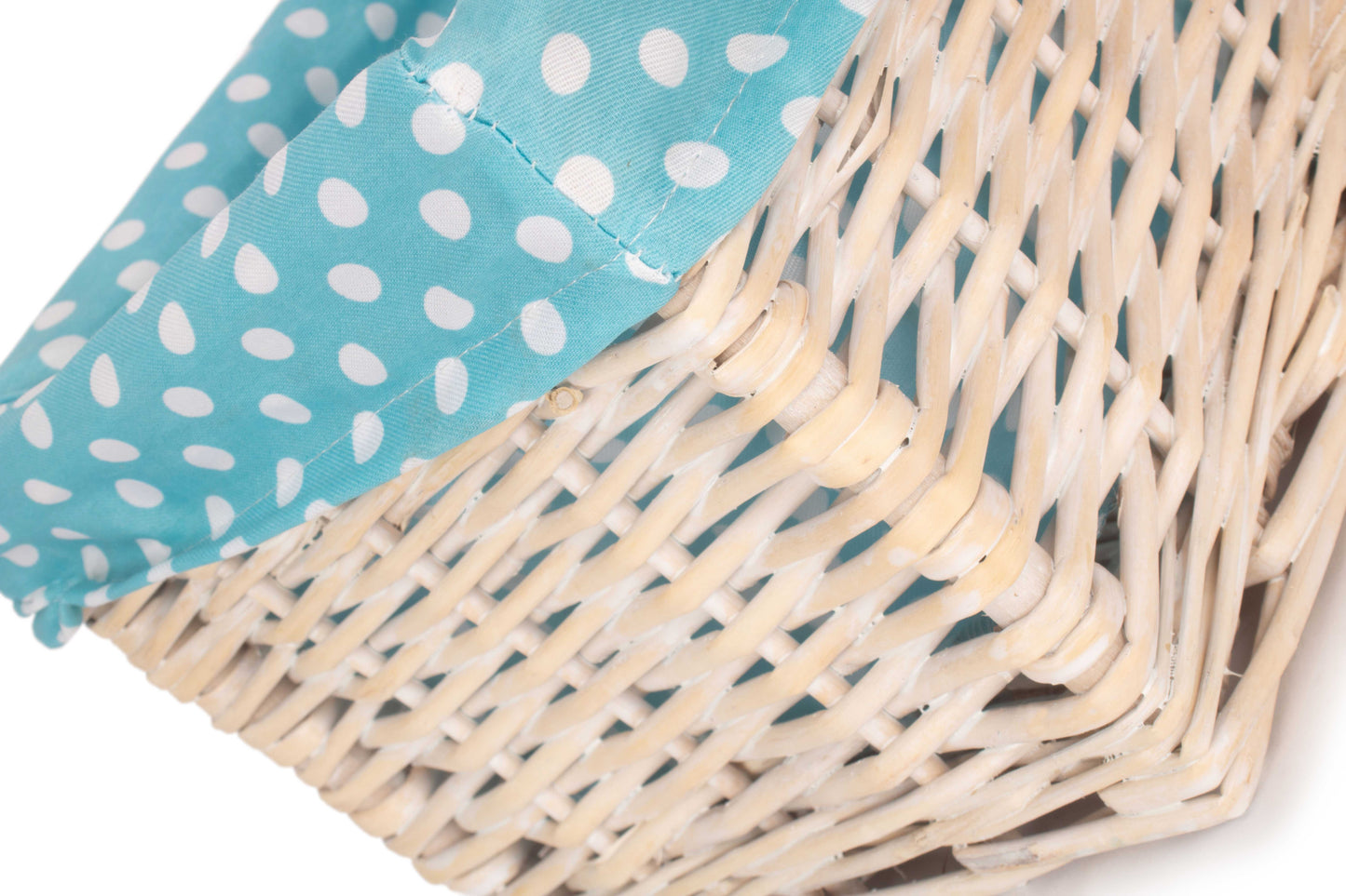 SMALL WHITE WASH STORAGE BASKET with BLUE SPOTTY LINING