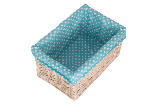 MEDIUM WHITE WASH STORAGE BASKET with BLUE SPOTTY LINING