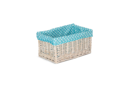 MEDIUM WHITE WASH STORAGE BASKET with BLUE SPOTTY LINING