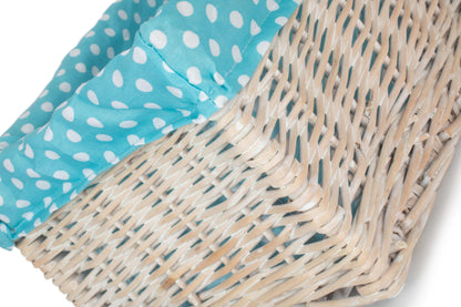 MEDIUM WHITE WASH STORAGE BASKET with BLUE SPOTTY LINING