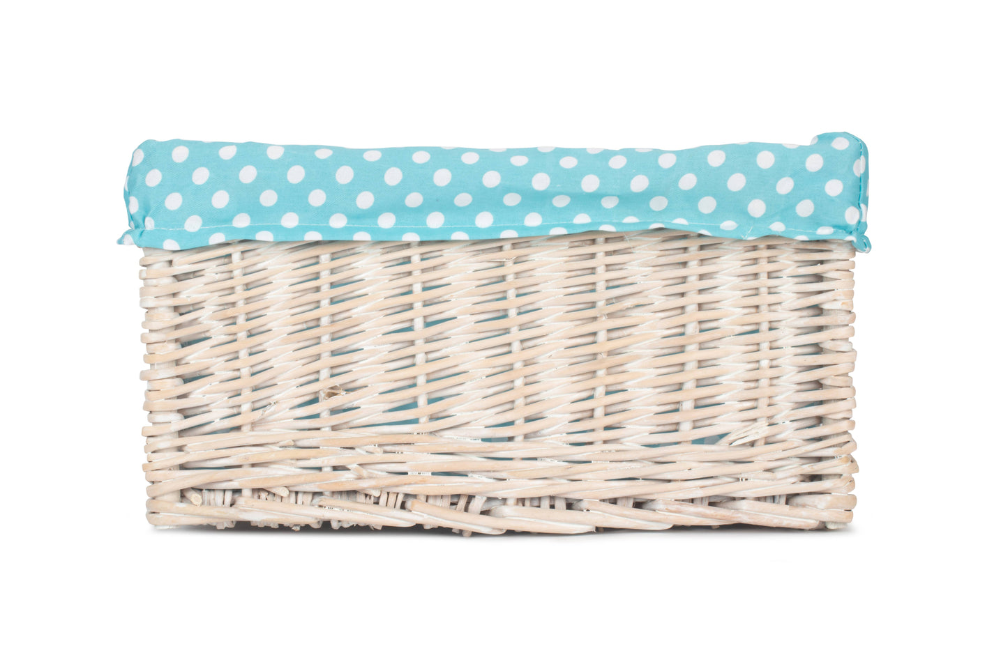 MEDIUM WHITE WASH STORAGE BASKET with BLUE SPOTTY LINING